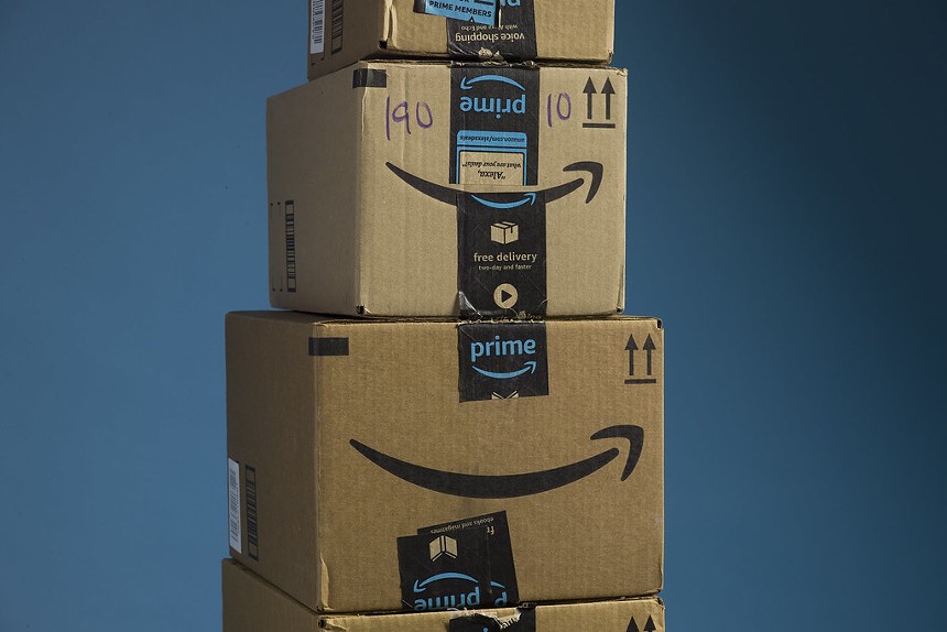 A stack of Amazon boxes