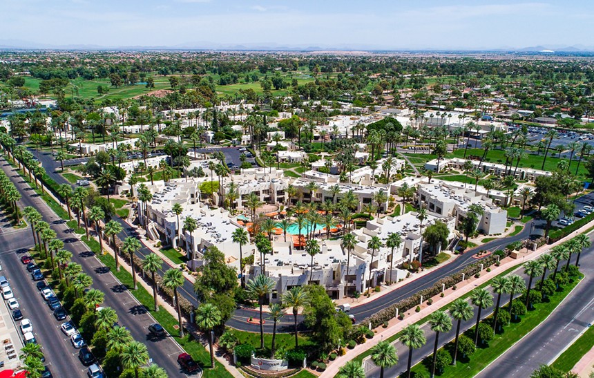 An aerial shot of a resort.