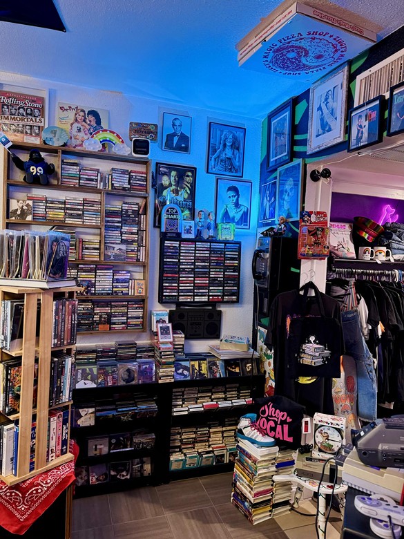 A display of cassettes and records.
