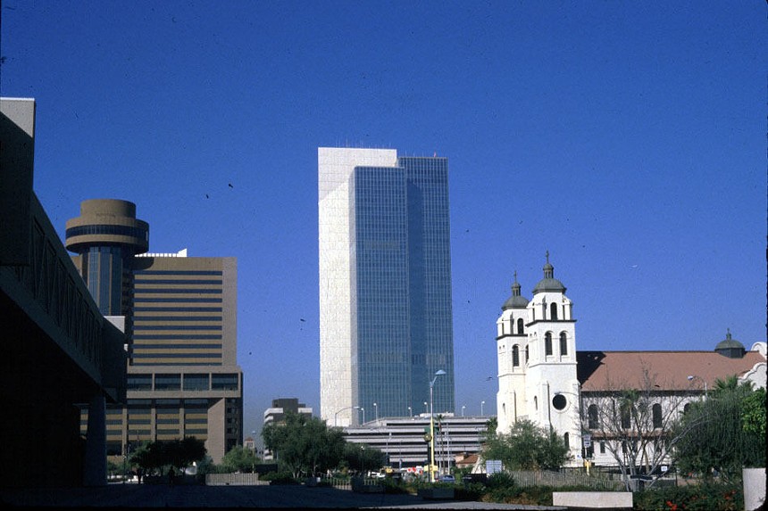 A 1985 photo of downtown Phoenix featuring the Hyatt Regency Hotel, Chase Tower and St. Mary's Basilica