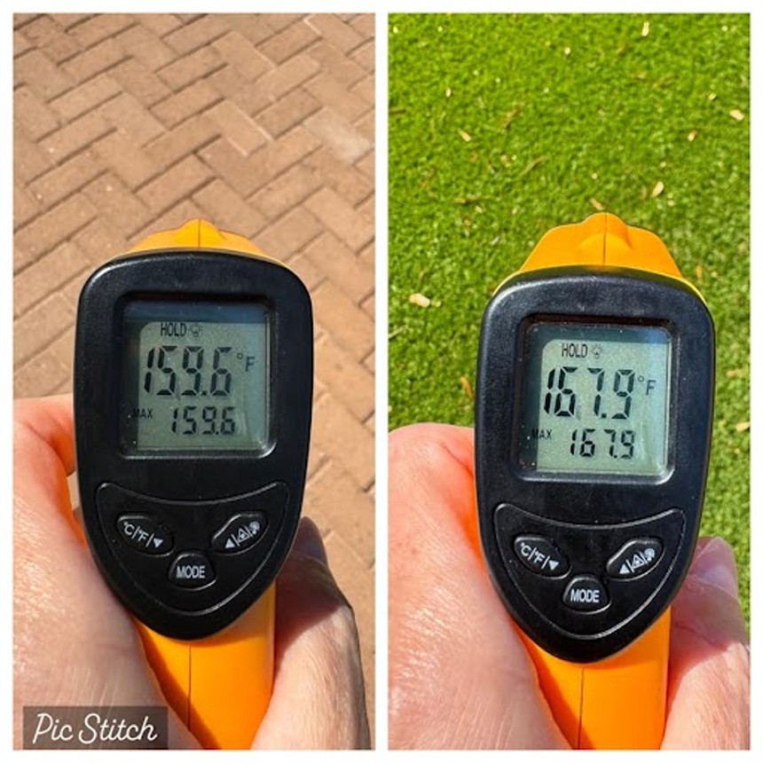 two temperature readings on turf and pavement