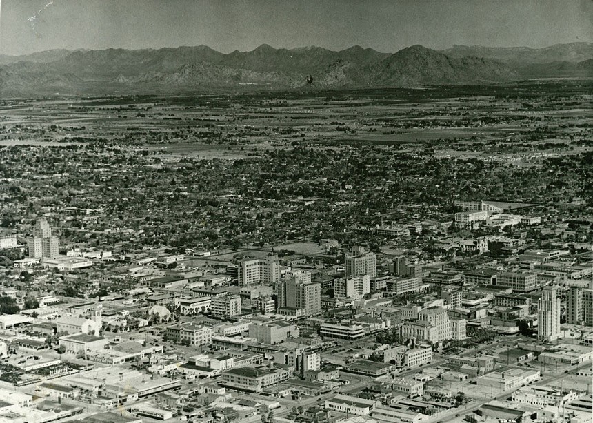 An aerial view of downtown Phoenix around 1950