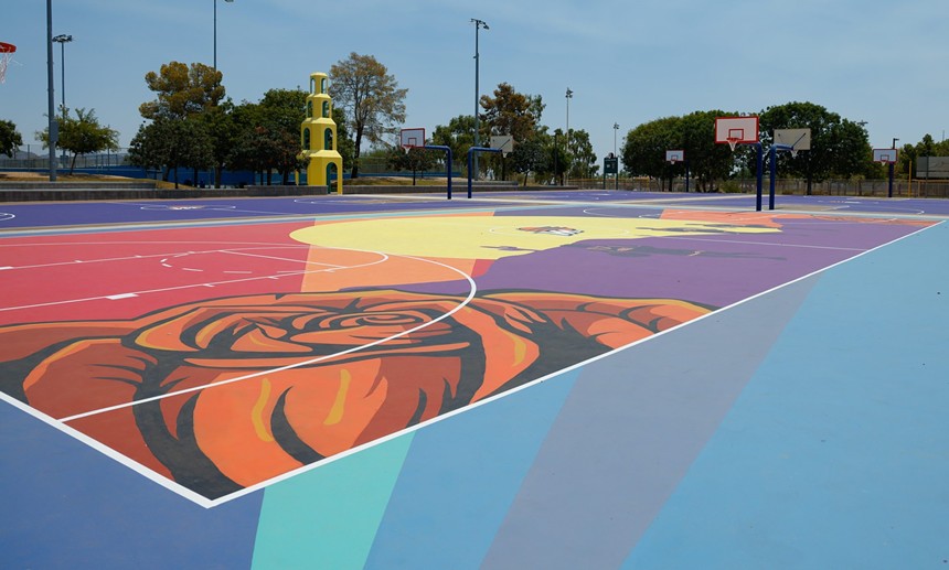 A painted basketball court.
