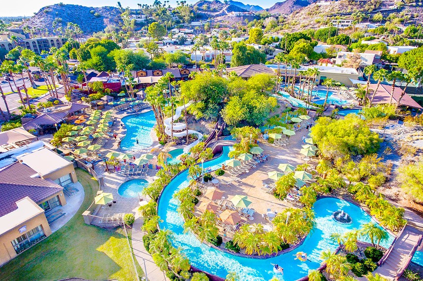 An aerial shot of a resort with a lazy river.