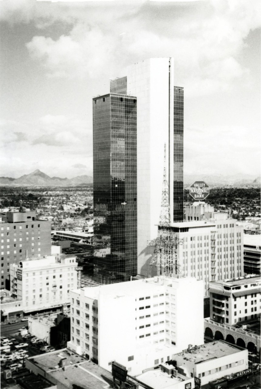 a 1973 photo of downtown Phoenix showing Valley National Bank and its new office tower, now renamed Chase Tower