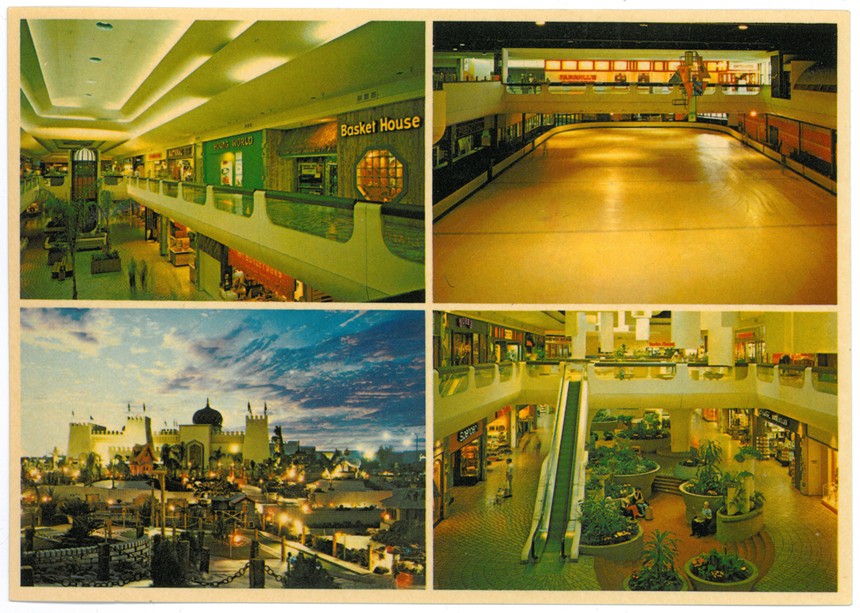 Four vintage photos of a mall from the '70s and '80s.