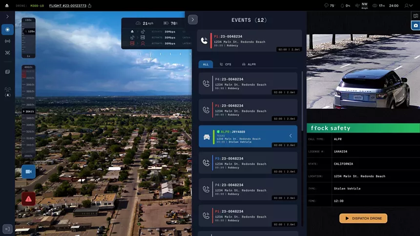 a drone computer screen readout, with footage from a drone camera