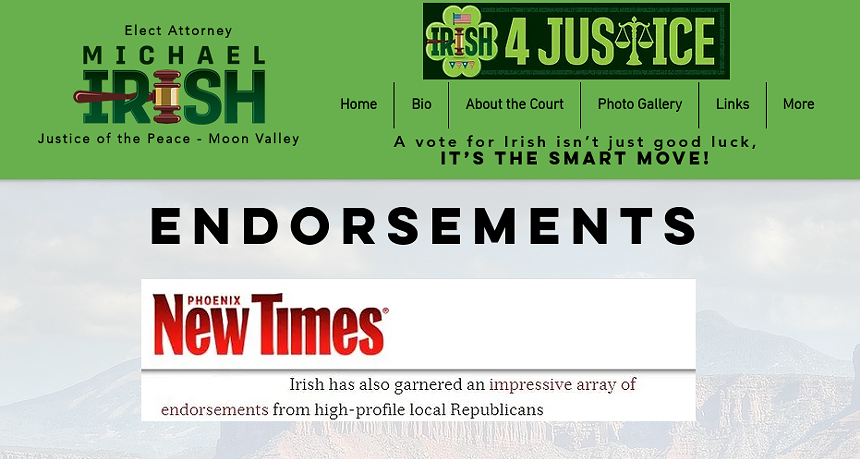 a screenshot of Michael Irish's website that includes the Phoenix New Times logo