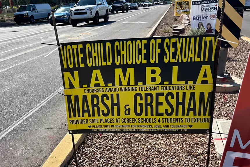 a sign that says "Vote Child Choice of Sexuality, NAMBLA endorses award winning tolerant educators like Marsh & Gresham, provided safe places at ccreek schools 4 students to explore"