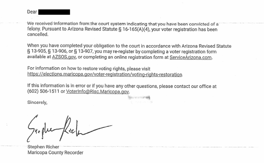 a form letter informing someone that their voter registration has been canceled due to a felony conviction