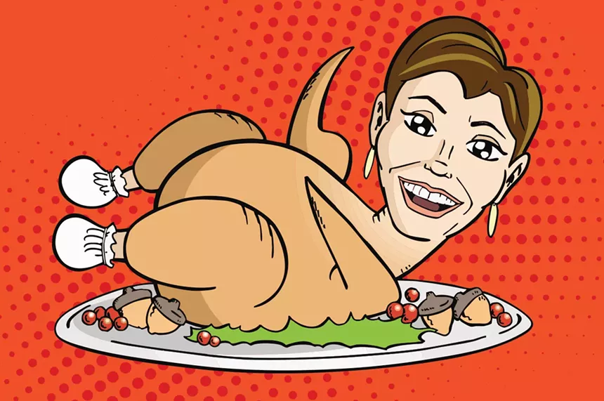 a drawing of kari lake's head coming out of a cooked turkey