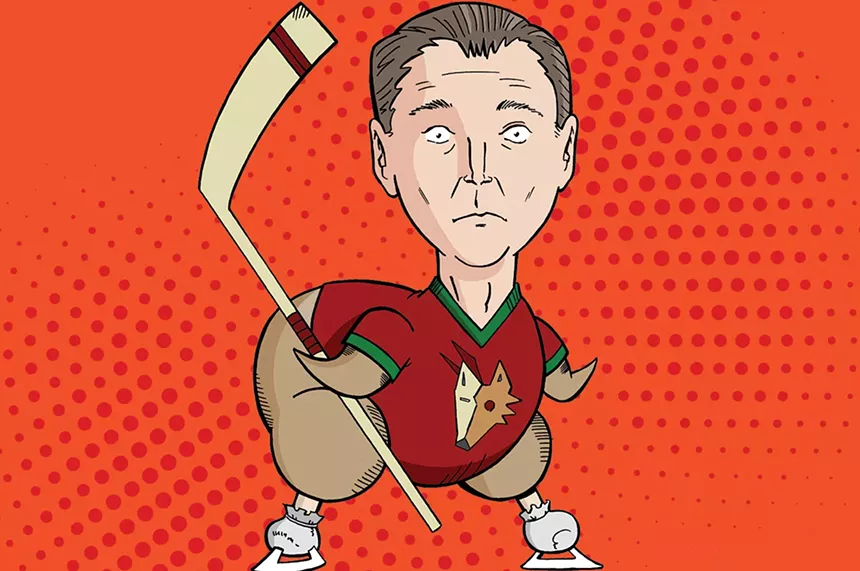 a cartoon turkey with a hockey stick and in a Coyotes jersey, with the head of former owner Alex Meruelo on top