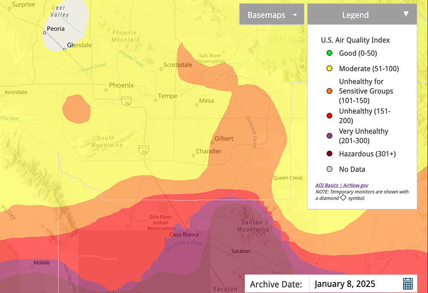 a map of the phoenix area showing color-coded air quality levels