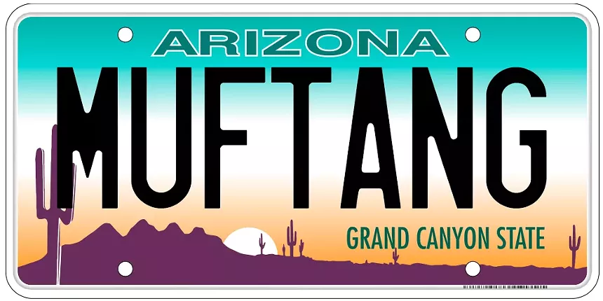 an arizona license plate that says "MUFTANG"