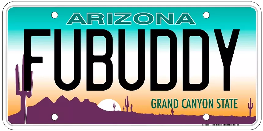 an arizona license plate that says "FUBUDDY"