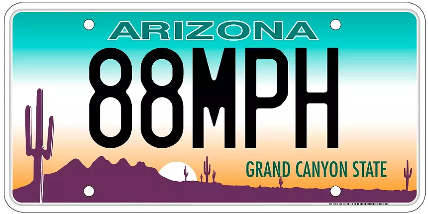 an arizona license plate that says "88MPH"