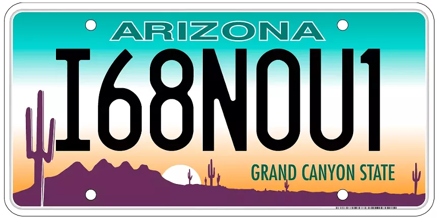an arizona license plate that says "I68NOU1"