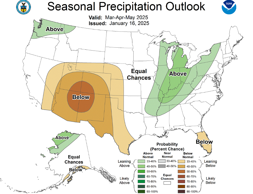 a map of the U.S. showing the Southwest is likely to have below-average precipitation in spring