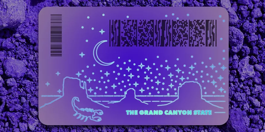 a black light design of a starry desert night with a scorpion on the back of an ID card