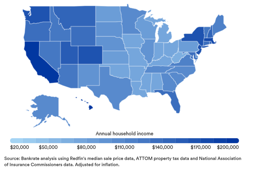 a map of the U.S. with states shaded different hues of blue based on how expensive a median-priced home is