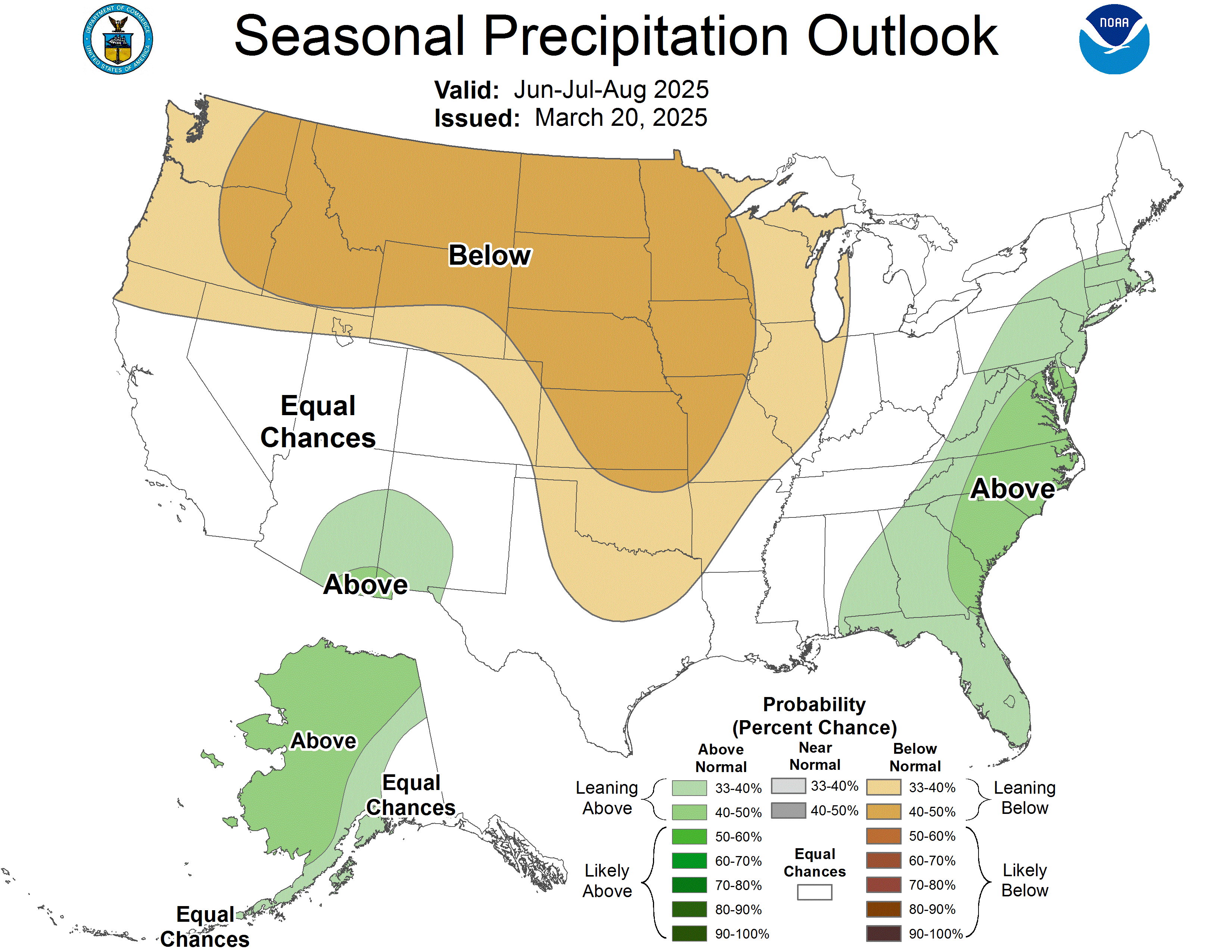 a U.S. map showing the chances of below or above average precipitation this summer. arizona has equal chances or above-average chances