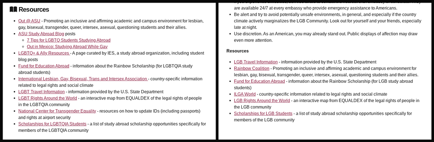 a screenshot showing the before and after of a webpage listing resources for queer students that scrubbed mentions of trans people
