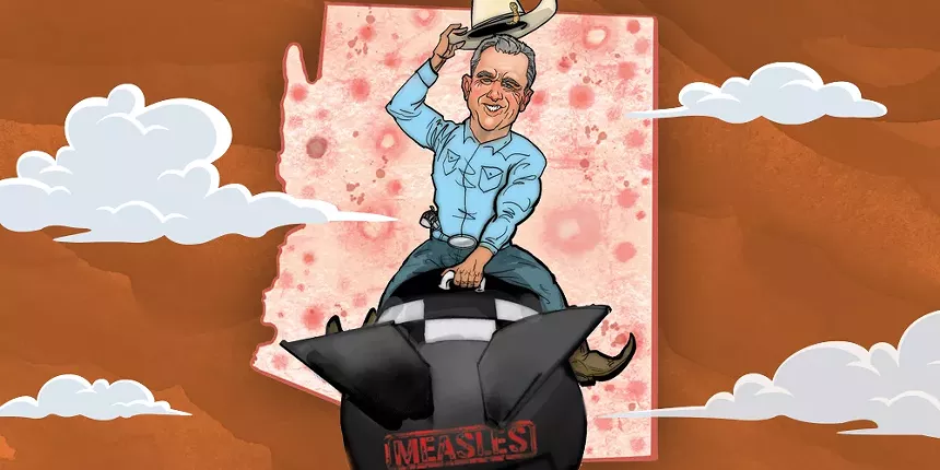 a cartoon of robert f. kennedy jr. riding a bomb that says "measles" through the air as it falls on arizona