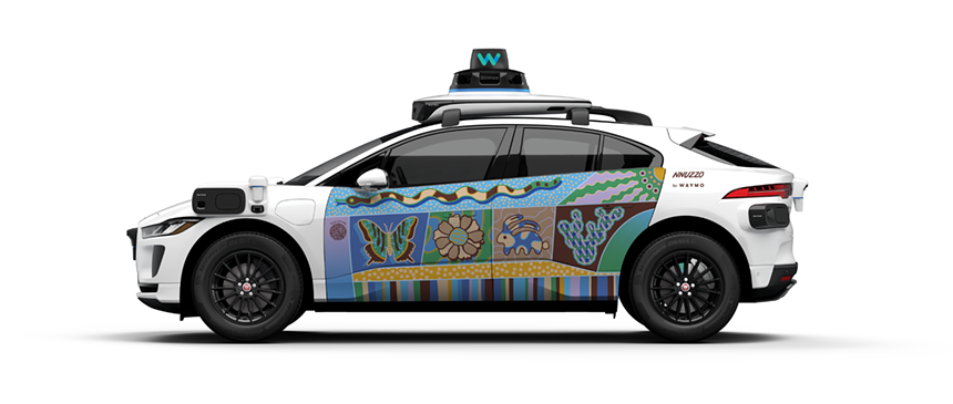 a driverless car with colorful animals — a butterfly, snake, rabbit — on the side