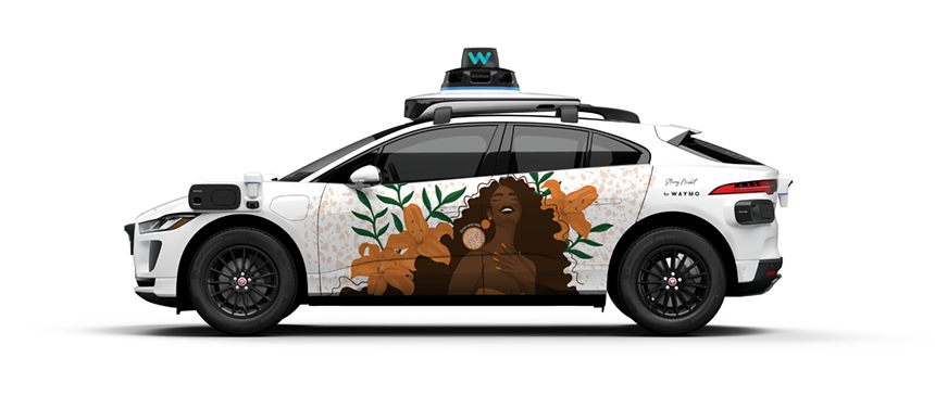 a driverless car with a design of a woman and flowers on the side
