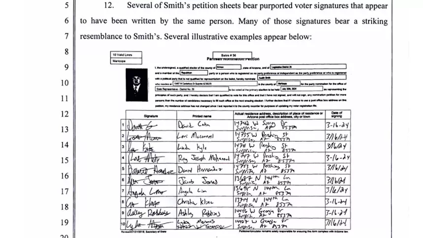 a snippet of a petition with several names appearing to be written by the same person