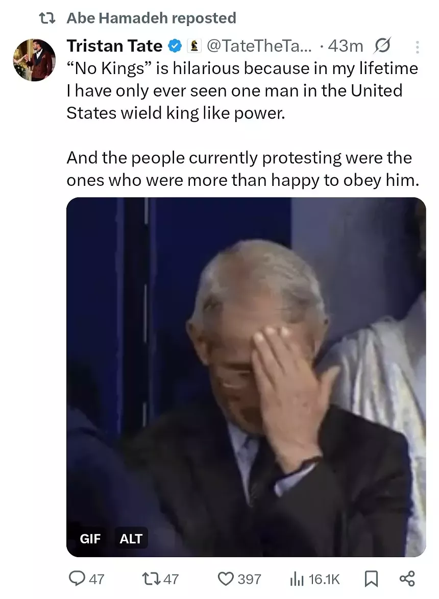 a screenshot showing abe hamadeh retweeting a post by tristan tate on X