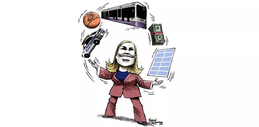 a caricature of kate gallego juggling a bus, police car, solar panels and more