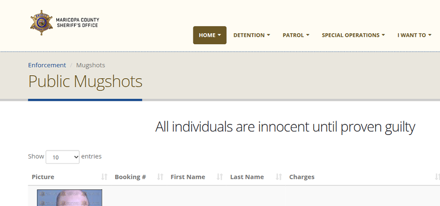 a screenshot of a webpage that offers the ability to look up mugshots, with the words "all individuals are innocent until proven guilty"