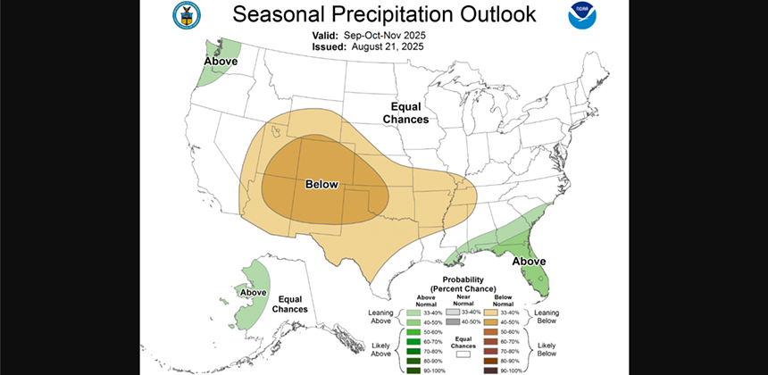 a precipitation forecast map of the united states, showing much of the southwestern u.s. should expect drier than usual temperatures