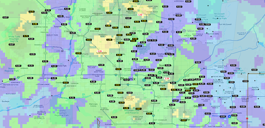 a radar map of rainfall in the phoenix area