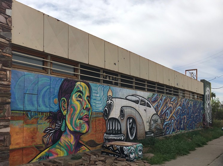 Former murals on the north-facing wall of the Hive (Lalo Cota's work on the western edge remains). - LYNN TRIMBLE