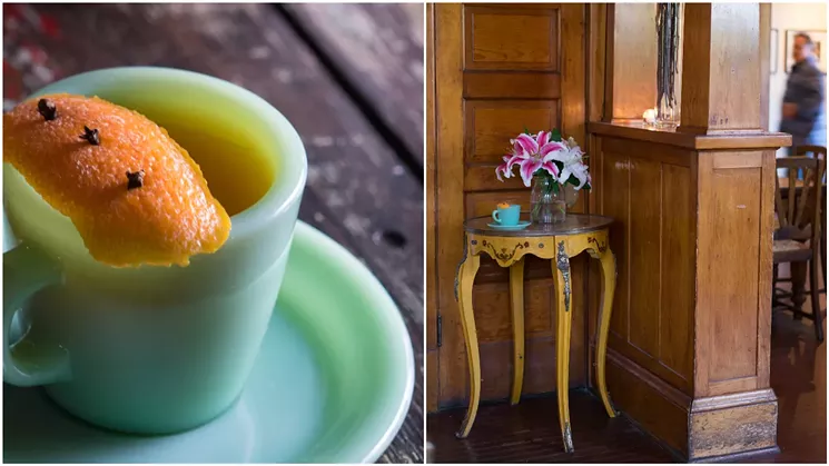 Left: The bar, at least for the winter, is serving hot mulled cider made from Arizona-grown apples. Right: Chris Bianco rushes by on a routine run through the space. - SHELBY MOORE