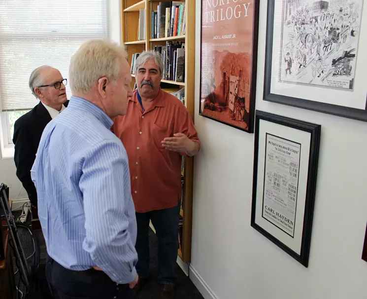 August (right) in his office with Symington (foreground) and former state Senate President Steve Pierce. - COURTESY OF THE ARIXONA CAPITOL MUSEUM