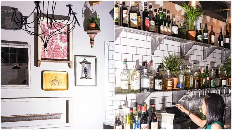 Left: Vintage finds from antique stores and framed fabrics from the furniture of Chef Culp's grandmother. - SHELBY MOORE