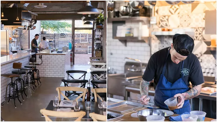 Left: The kitchen and back portion of the dining room of the approximately 37-seat restaurant. Right: Chef Culp plates up a starter dish. - SHELBY MOORE