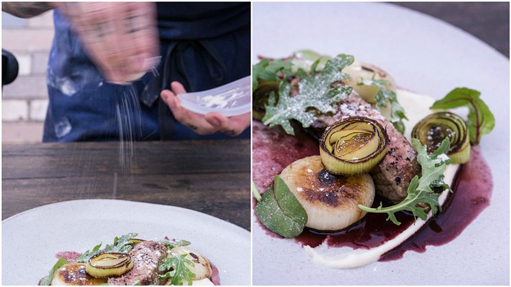 Left: Culp sprinkles horseradish powder over the New York Strip steak main course. Right: The steak is served with celery root, cipollini onion, leek, and a red wine reduction. - SHELBY MOORE