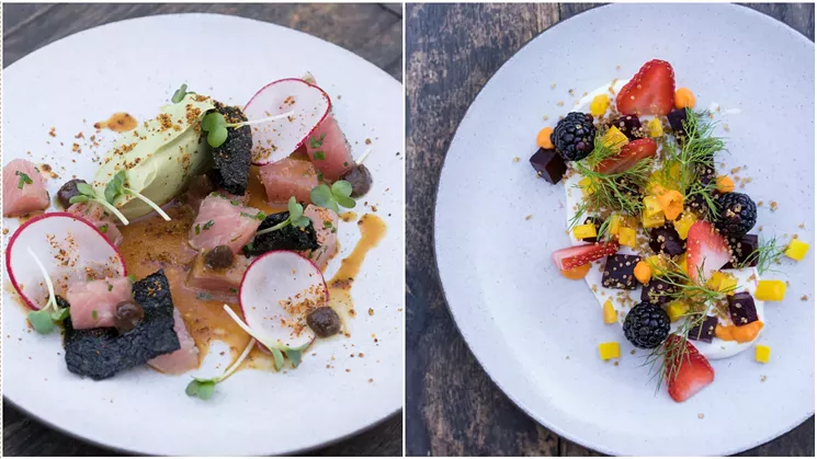 Left: The crudo of hamachi is served with avocado, citrus, black garlic, and togarashi, a slightly spicy and tangy Japanese spice blend. - SHELBY MOORE