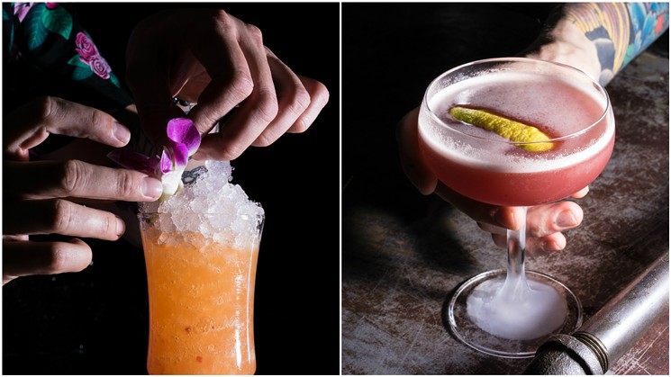 Left: The Heart Of Stone cocktail combines rye gin, sake, fresh raspberry and red bell pepper juice, as well as lime and orange, for a refreshing, slightly savory cocktail. Right: The Cherokee Cocktail will taste familiar — like a pb&j sandwich, to some. - SHELBY MOORE
