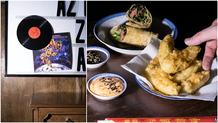 Left: The back wall, right of the bar, features a marquee sign; a copy of the new cocktail menu sits in the left corner. Right: The flank steak wrap with eel sauce and the tempura fried pickles with miso aioli. - SHELBY MOORE
