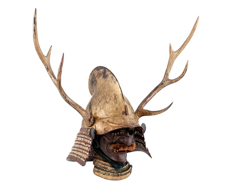 Unknown, eboshi kabuto (eboshi-shaped helmet) and menpo (half mask), late Muromachi to Momoyama period, late 16th century. Iron, gold lacquer, bronze, horn, horsehair. © The Ann & Gabriel Barbier-Mueller Museum, Dallas. - BRAD FLOWERS