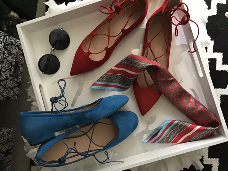 Some of Gould's favorite accessories: J.Crew ballet flats and a vintage-inspired scarf and pair of sunglasses. - MIGNON GOULD