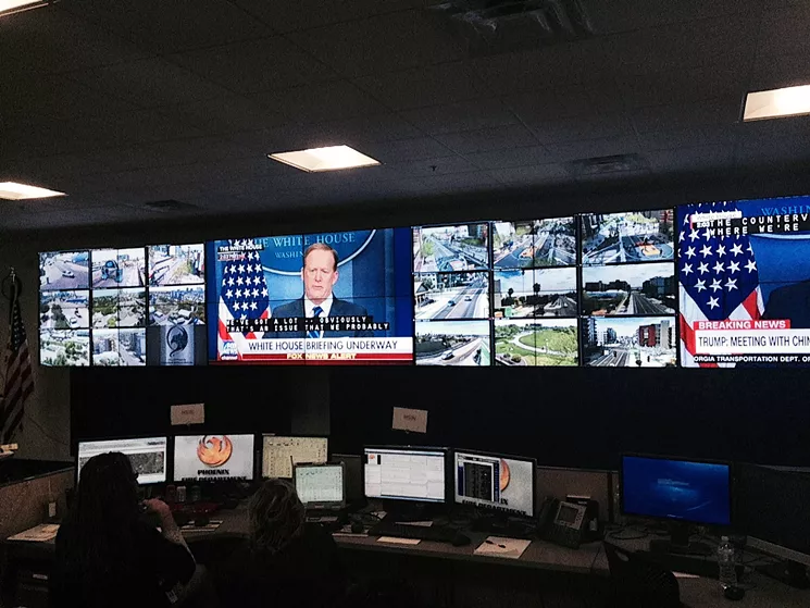 Five huge plasma TV screens dominate the MACC, or Multi-Agency Coordination Center, inside Phoenix's Emergency Operations Center. These screens will keep emergency crews up to the minute during NCAA Final Four weekend. - SEAN HOLSTEGE