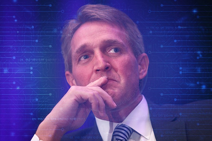 Arizona Senator Jeff Flake's bill, now expected to become law, will allow internet companies to sell your data. - NEW TIMES PHOTO-ILLUSTRATION. SOURCE: FLAKE, GAGE SKIDMORE/CREATIVE COMMONS; DIGITAL PATTERN, BLACKBOARD/SHUTTERSTOCK.COM