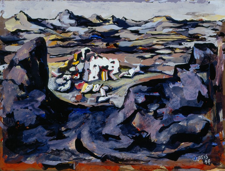 Philip C. Curtis, Landscape with Destruction, 1944. Watercolor on illustration board. Collection of Phoenix Art Museum, Gift of the Philip C. Curtis Restated Trust U/A/D April 7, 1994. - PHOENIX ART MUSEUM