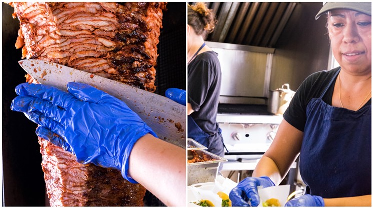 Left: Emilia Huerta carves the fully cooked portions of al pastor from the trompo. Right: Margarita Hernandez assembles carne asada and al pastor tacos. - SHELBY MOORE